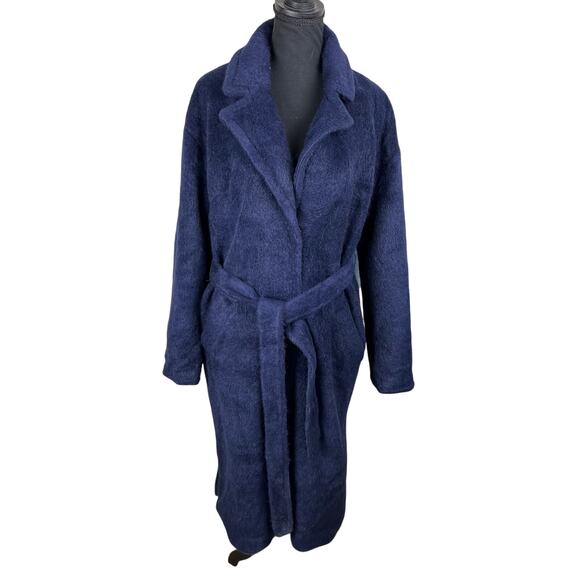 QVC Isaac Mizrahi Wrap Long Coat w/ Notched Collar & Pockets NAVY NWOT SIZE J - Picture 2 of 8